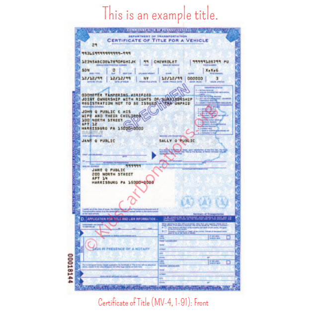 This is an Example of Pennsylvania Certificate of Title (MV-4, 1-91) Front View | Kids Car Donations